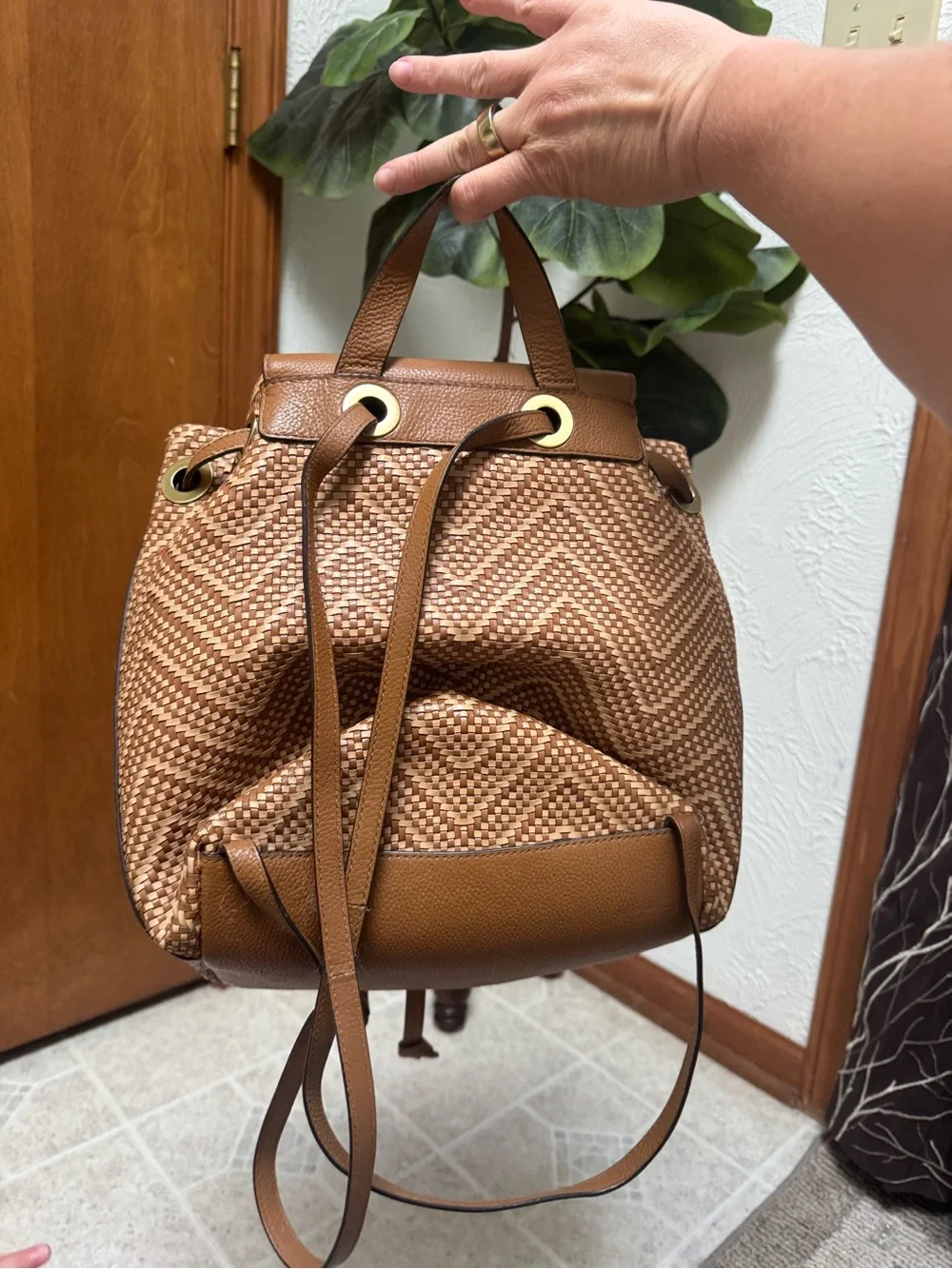 Michael Kors Tan Woven Drawstring Backpack with Flap